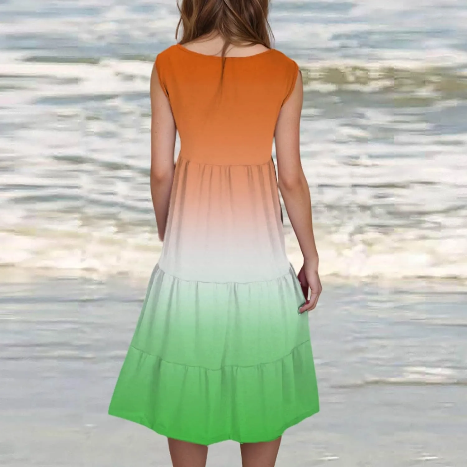 Tank Dress for Women 2025 Summer Boho Gradient Beach Vacation Sundress Sleeveless Pleated Ladies Tropical Dresses