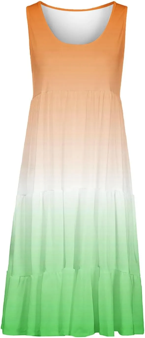 Tank Dress for Women 2025 Summer Boho Gradient Beach Vacation Sundress Sleeveless Pleated Ladies Tropical Dresses