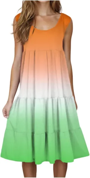 Tank Dress for Women 2025 Summer Boho Gradient Beach Vacation Sundress Sleeveless Pleated Ladies Tropical Dresses