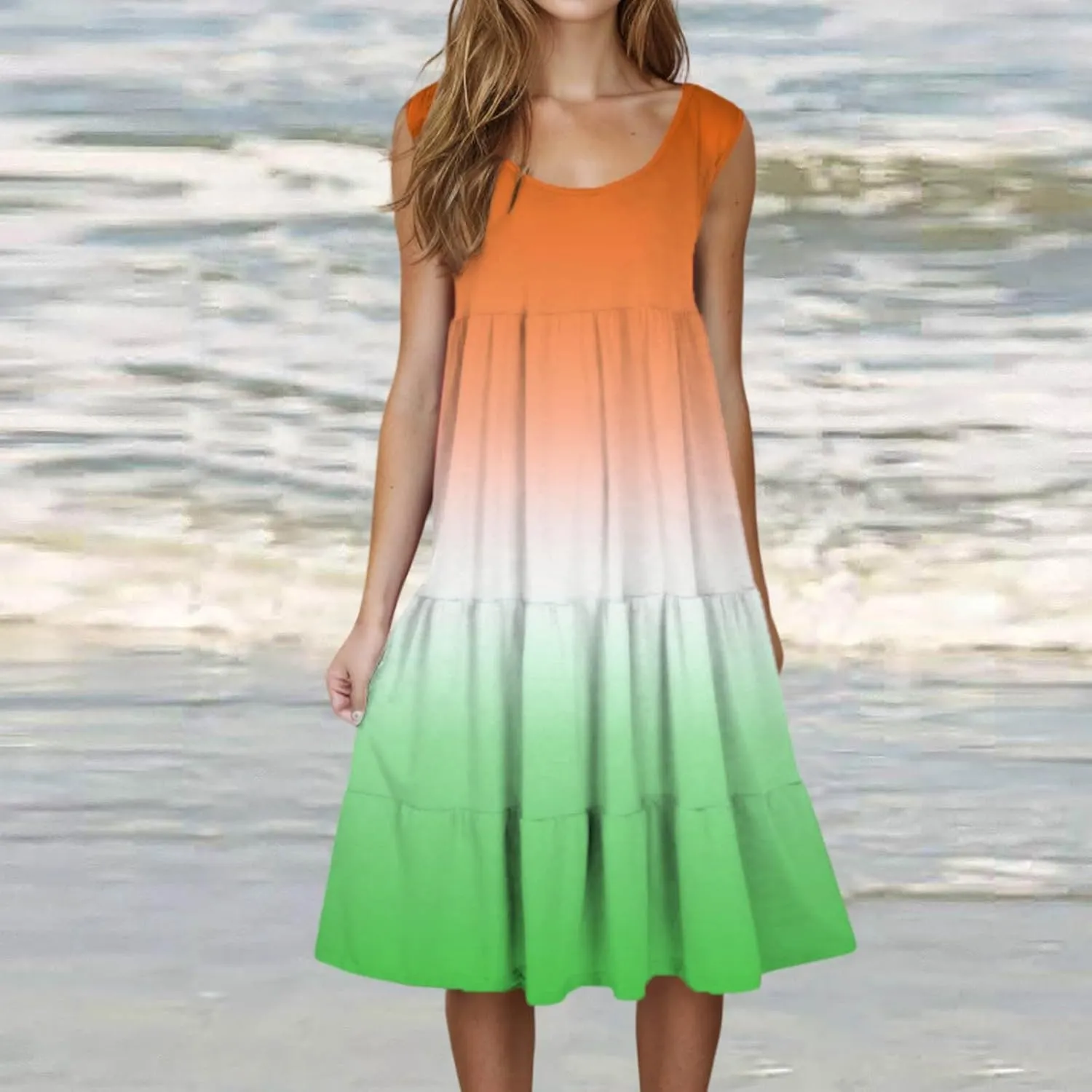 Tank Dress for Women 2025 Summer Boho Gradient Beach Vacation Sundress Sleeveless Pleated Ladies Tropical Dresses