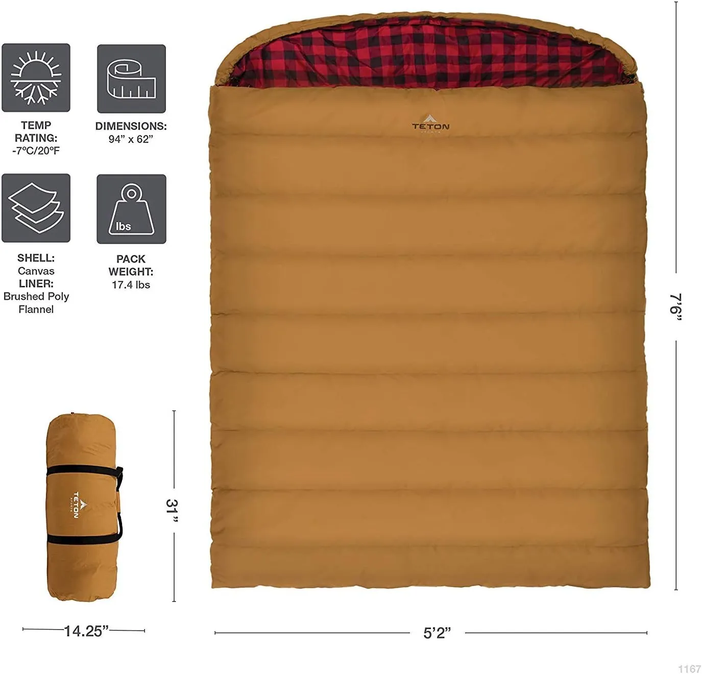 TETON Mammoth, 20 Degree and 0 Degree Sleeping Bags, Double Sleeping Bag, A Warm Bag the Whole Family can Enjoy. Great Sleeping Bag for Camping, Hunting and Base Camp. Compression Sack Included