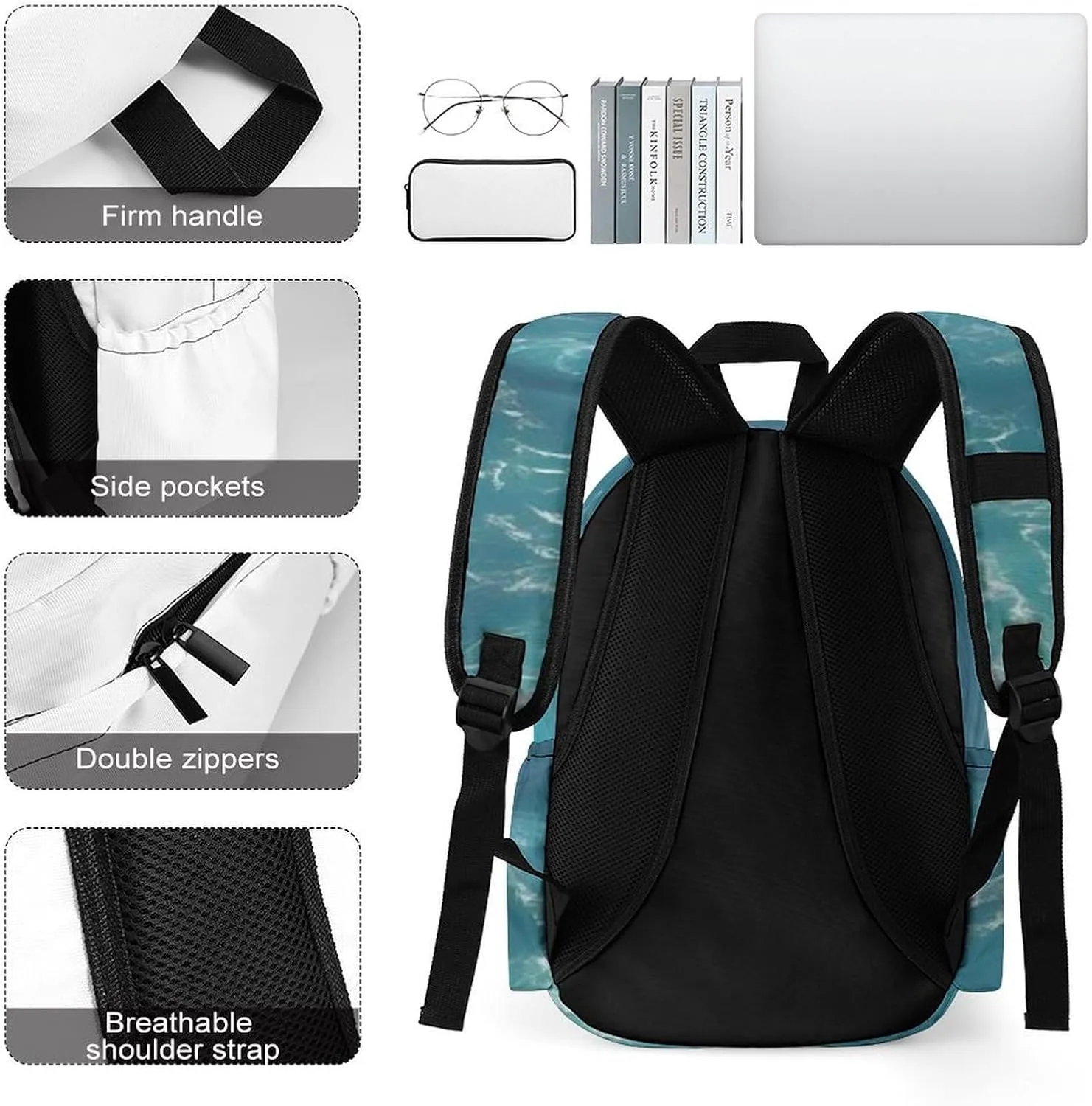 The Deep Blue Sea Print Laptop Backpacks Casual Shoulder Bag Travel Daypack Fashion for Men Women