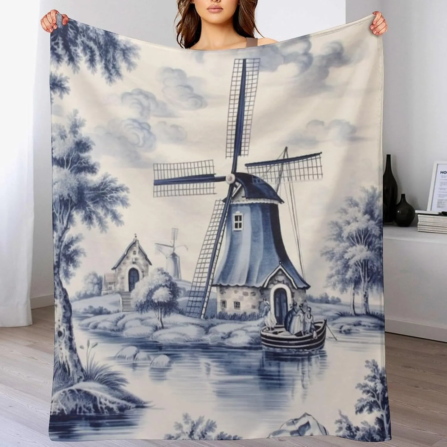 Throw Blankets Cute Vintage Dutch Windmill Sailboat Delft Blue Lightweight Super Soft Cozy Luxury Bed Blanket Microfiber Holland Windmill Blanket 40"x50" for Adult Kid Birthday