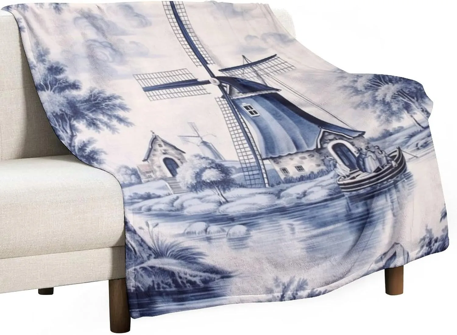 Throw Blankets Cute Vintage Dutch Windmill Sailboat Delft Blue Lightweight Super Soft Cozy Luxury Bed Blanket Microfiber Holland Windmill Blanket 40"x50" for Adult Kid Birthday