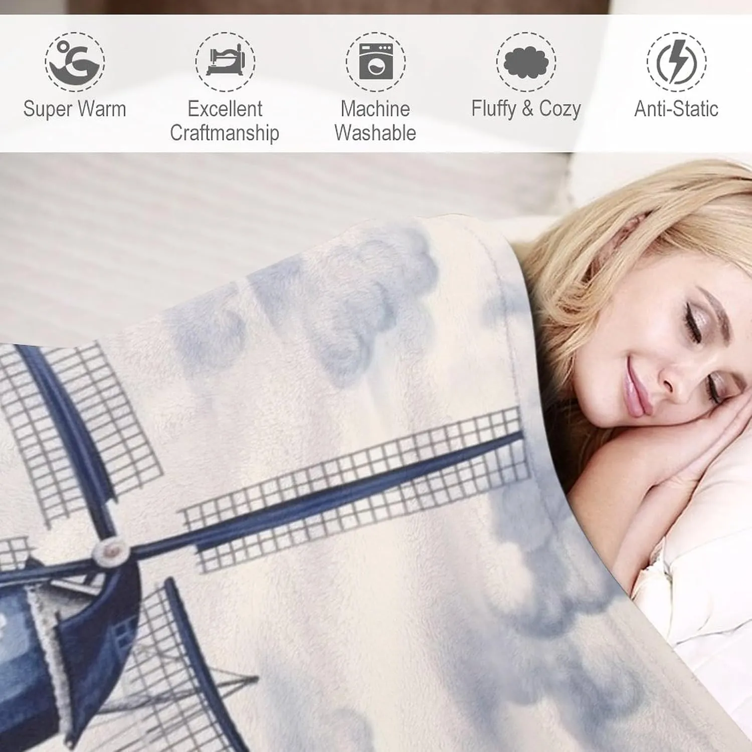 Throw Blankets Cute Vintage Dutch Windmill Sailboat Delft Blue Lightweight Super Soft Cozy Luxury Bed Blanket Microfiber Holland Windmill Blanket 40"x50" for Adult Kid Birthday