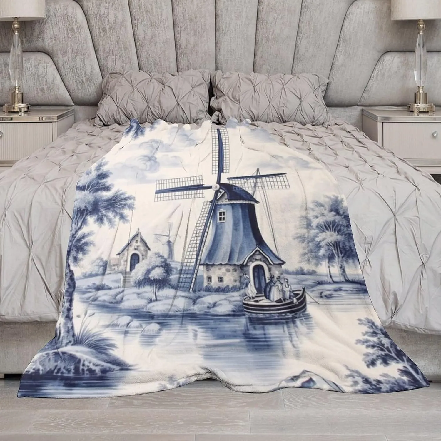 Throw Blankets Cute Vintage Dutch Windmill Sailboat Delft Blue Lightweight Super Soft Cozy Luxury Bed Blanket Microfiber Holland Windmill Blanket 40"x50" for Adult Kid Birthday