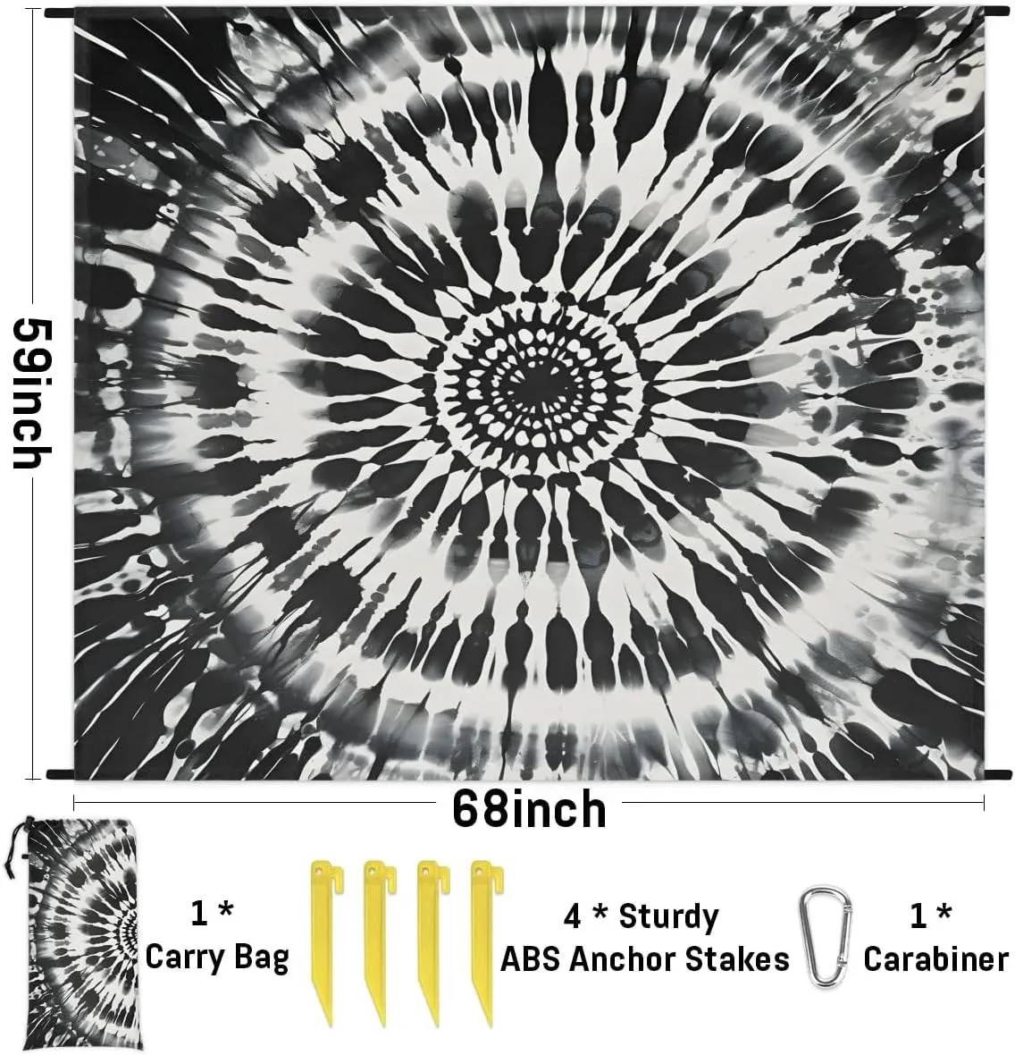 Tie Dye Beach Blanket, Sandproof Beach Mat, 68 x 59 Waterproof Quick Drying Sand Free Mat with 4 x Ground Spikes for Outdoor Travel Camping Hiking, Boho
