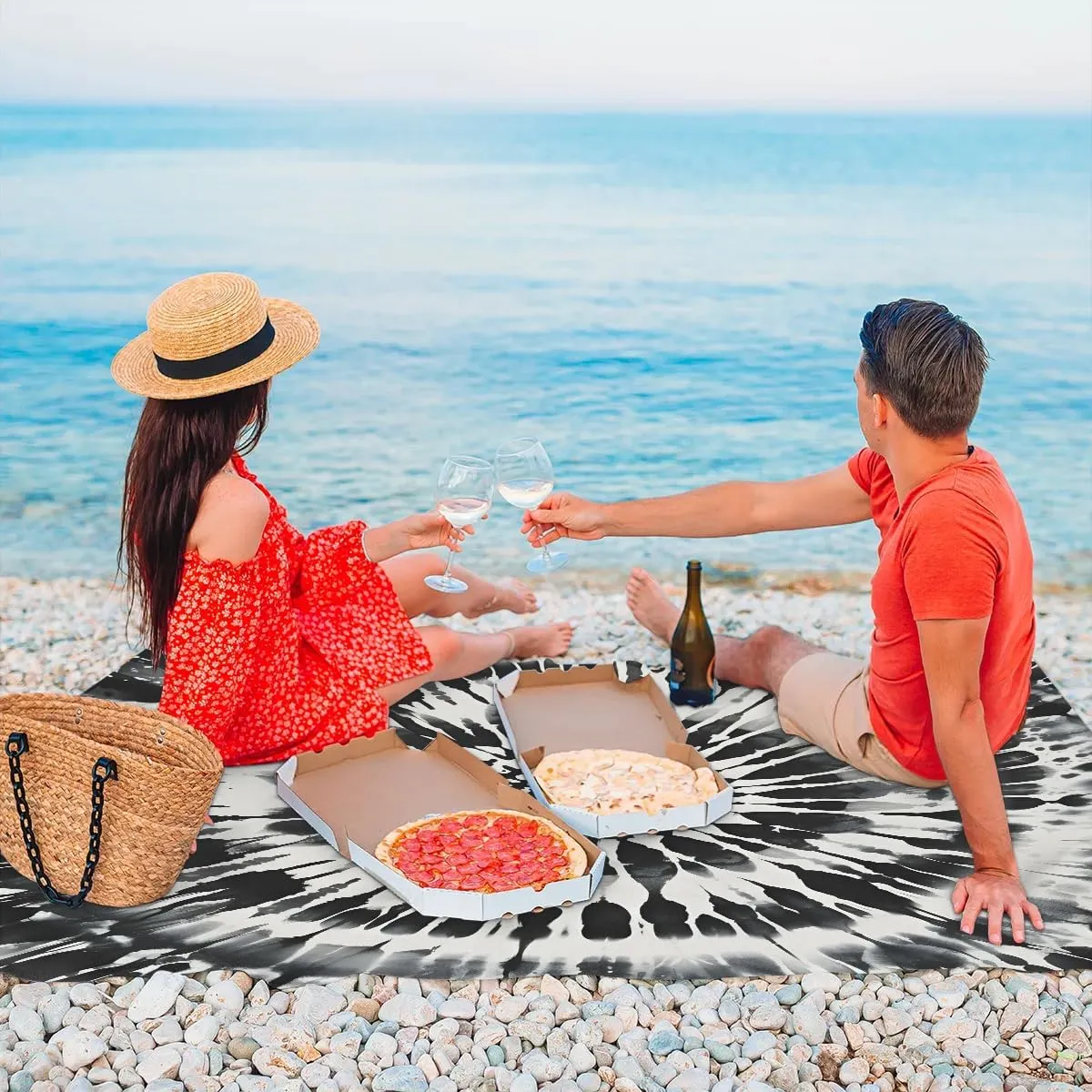 Tie Dye Beach Blanket, Sandproof Beach Mat, 68 x 59 Waterproof Quick Drying Sand Free Mat with 4 x Ground Spikes for Outdoor Travel Camping Hiking, Boho