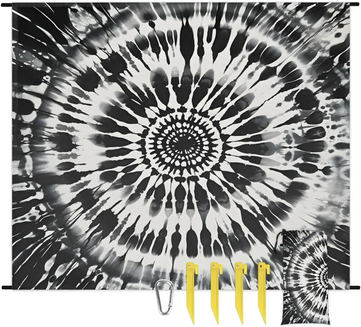 Tie Dye Beach Blanket, Sandproof Beach Mat, 68 x 59 Waterproof Quick Drying Sand Free Mat with 4 x Ground Spikes for Outdoor Travel Camping Hiking, Boho