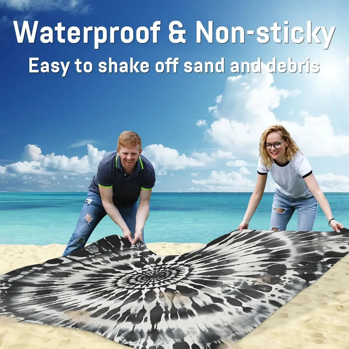Tie Dye Beach Blanket, Sandproof Beach Mat, 68 x 59 Waterproof Quick Drying Sand Free Mat with 4 x Ground Spikes for Outdoor Travel Camping Hiking, Boho