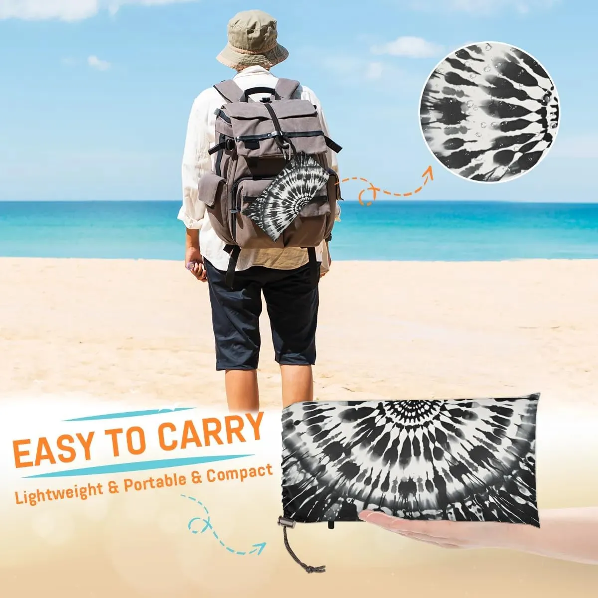 Tie Dye Beach Blanket, Sandproof Beach Mat, 68 x 59 Waterproof Quick Drying Sand Free Mat with 4 x Ground Spikes for Outdoor Travel Camping Hiking, Boho