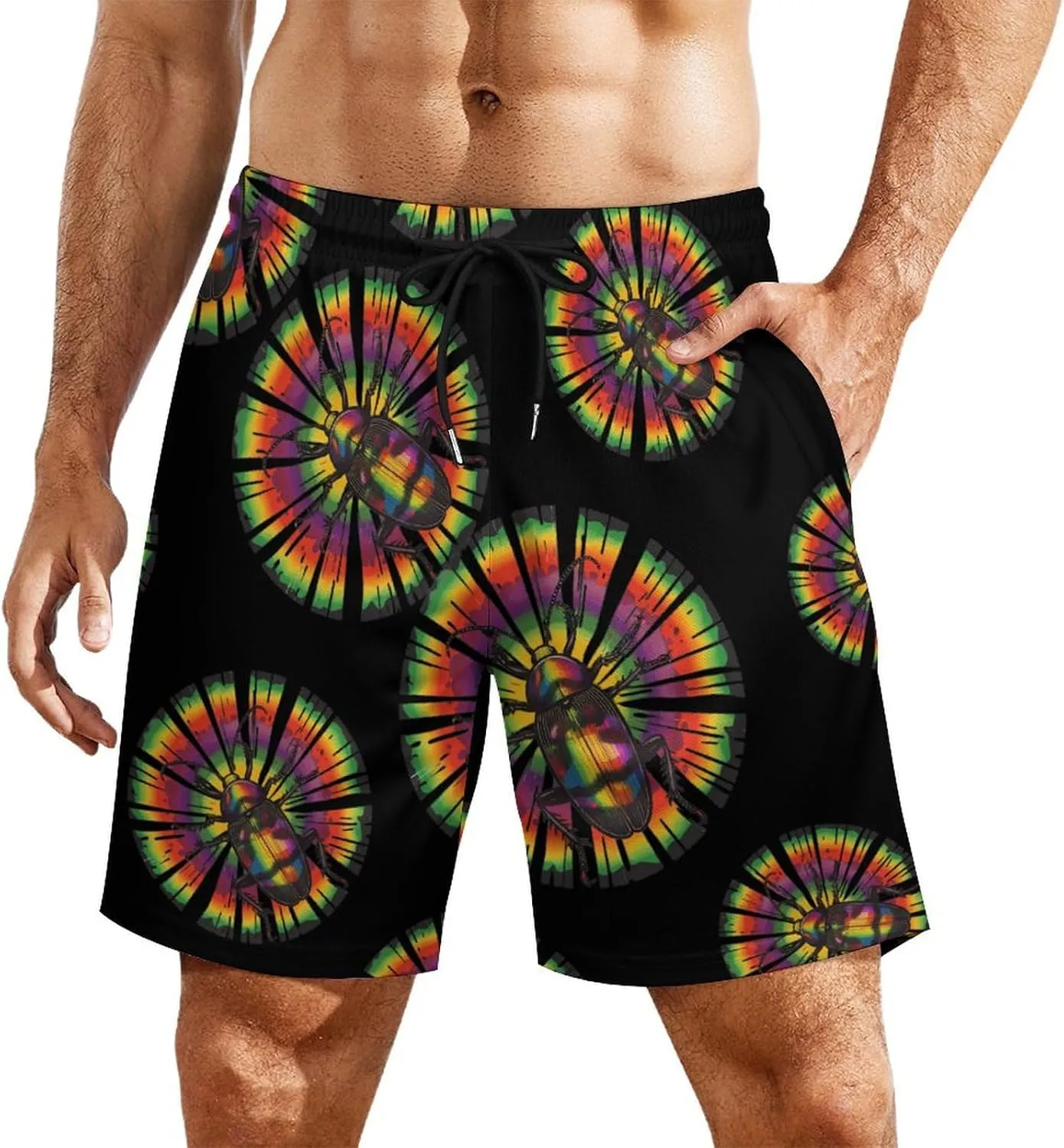 Tie Dye Cockroach Rainbow Print Men's Swim Trunks Quick Dry Board Shorts Swimwear Beach Shorts with Compression Liner