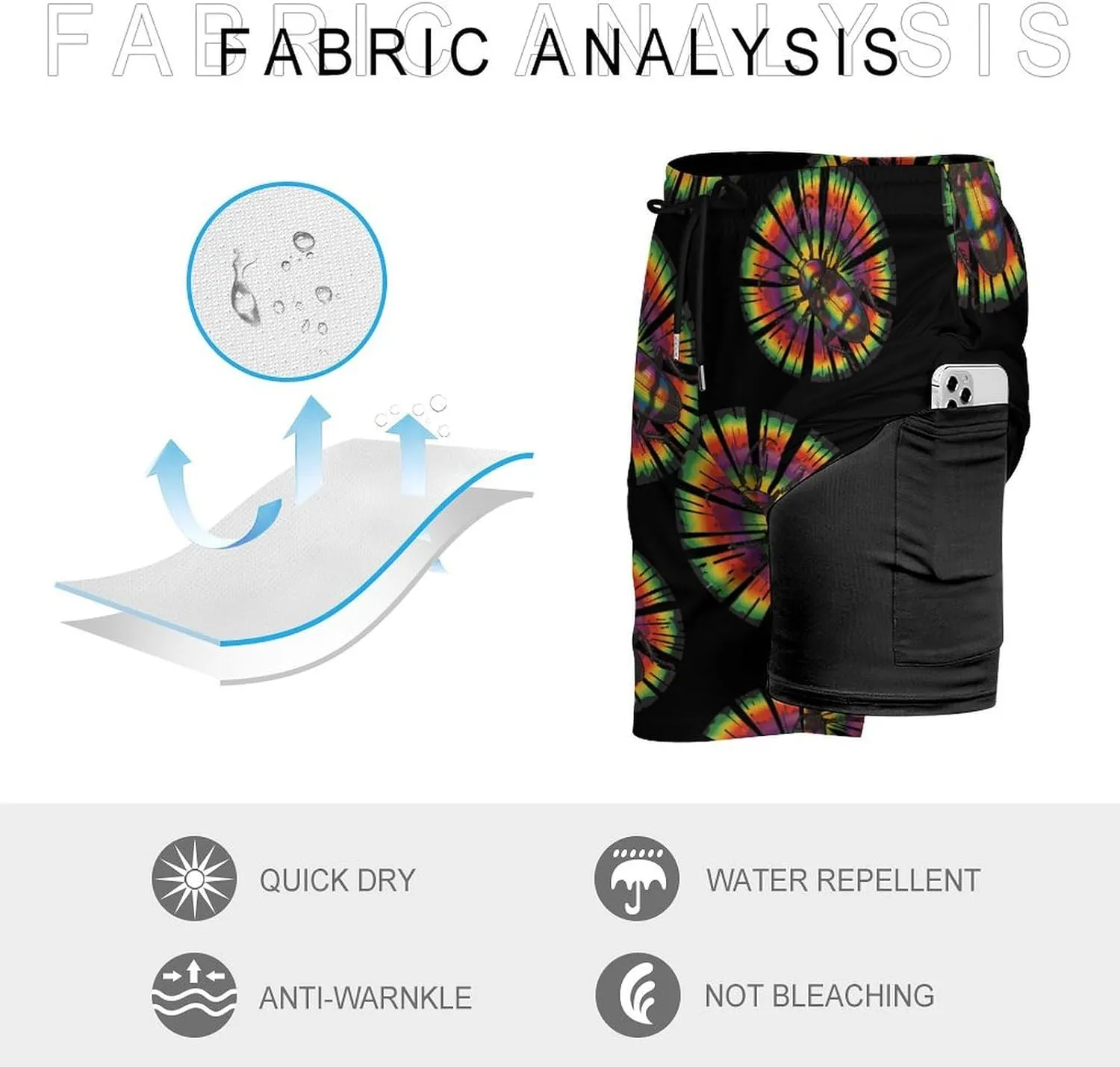 Tie Dye Cockroach Rainbow Print Men's Swim Trunks Quick Dry Board Shorts Swimwear Beach Shorts with Compression Liner