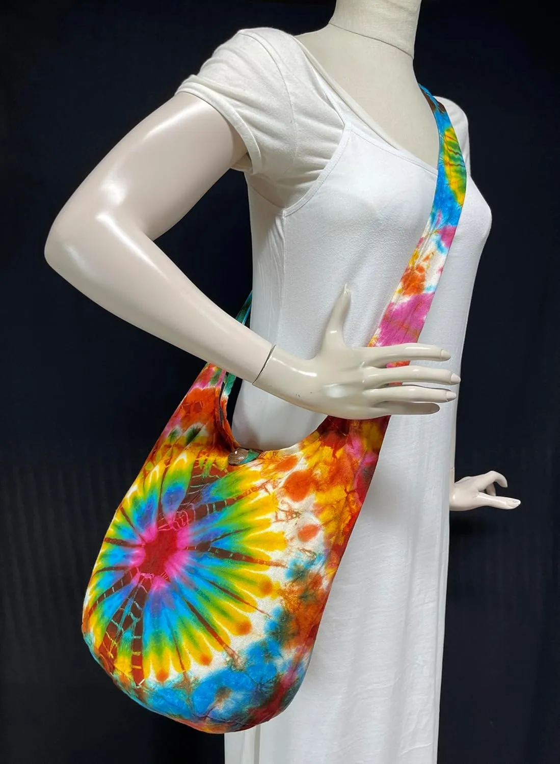 Tie Dye Crossbody Bag – Hippie Hobo Shoulder Purse – Handmade Colorful Artsy Sling Handbag – Medium 33”