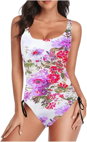 Tie-Dye Print One Piece Bathing Suits for Women Side Tie Adjustable Strap Slimming Swimwear High Cut Sexy Swimsuit