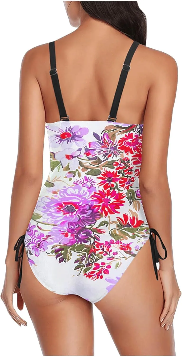 Tie-Dye Print One Piece Bathing Suits for Women Side Tie Adjustable Strap Slimming Swimwear High Cut Sexy Swimsuit