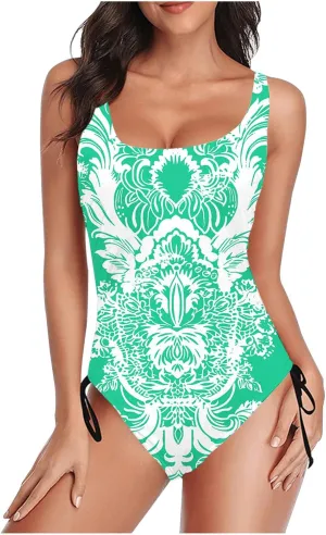 Tie-Dye Print One Piece Bathing Suits for Women Side Tie Adjustable Strap Slimming Swimwear High Cut Sexy Swimsuit