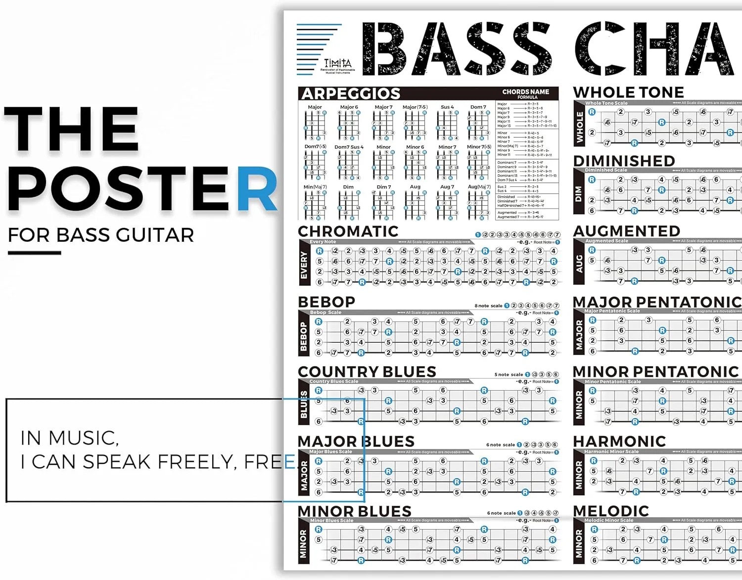 TiMitA Music Theory Chart Poster, Bass Guitar, Basses Scales