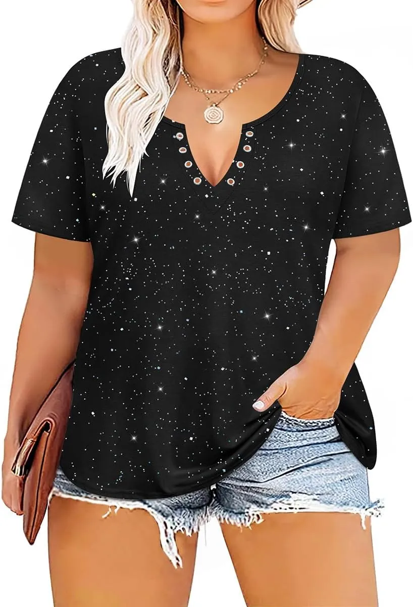 TIYOMI Plus Size T Shirt for Women Buttons Tops Short Sleeve Summer Sexy V-Neckline Shirts Solid/Tie Dye XL-5XL