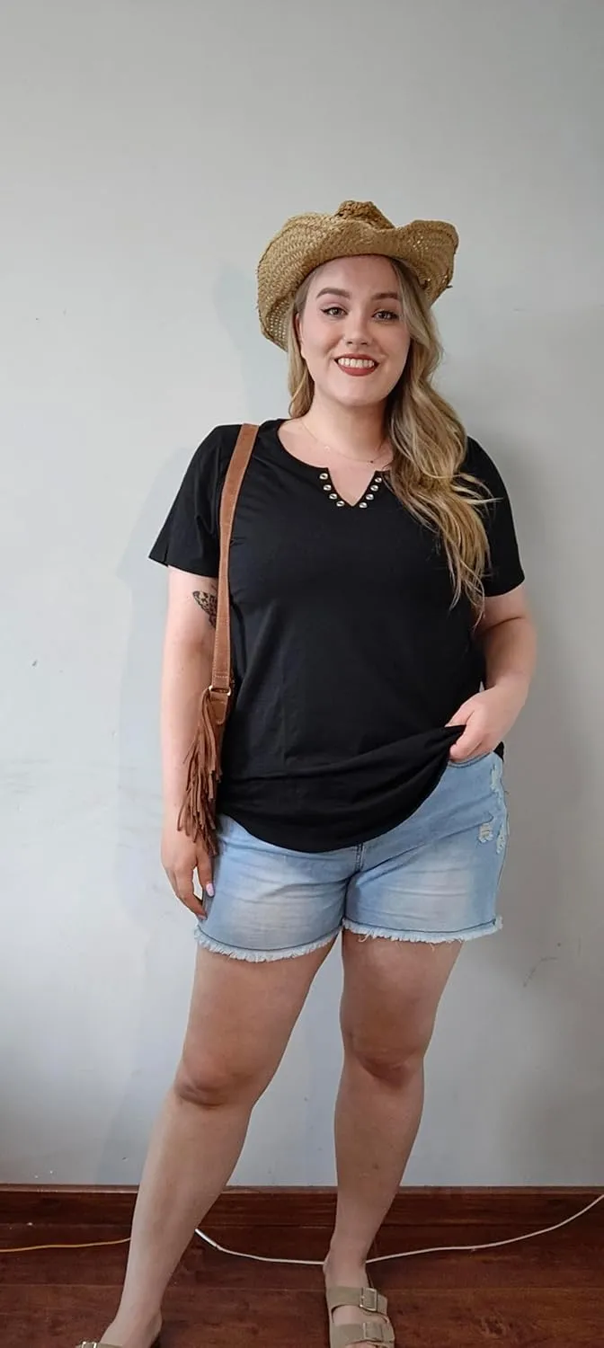 TIYOMI Plus Size T Shirt for Women Buttons Tops Short Sleeve Summer Sexy V-Neckline Shirts Solid/Tie Dye XL-5XL
