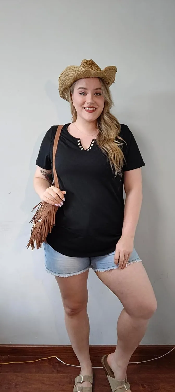 TIYOMI Plus Size T Shirt for Women Buttons Tops Short Sleeve Summer Sexy V-Neckline Shirts Solid/Tie Dye XL-5XL