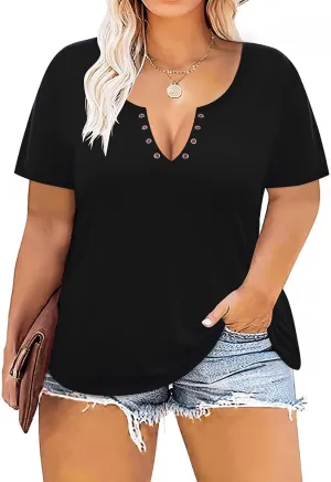 TIYOMI Plus Size T Shirt for Women Buttons Tops Short Sleeve Summer Sexy V-Neckline Shirts Solid/Tie Dye XL-5XL