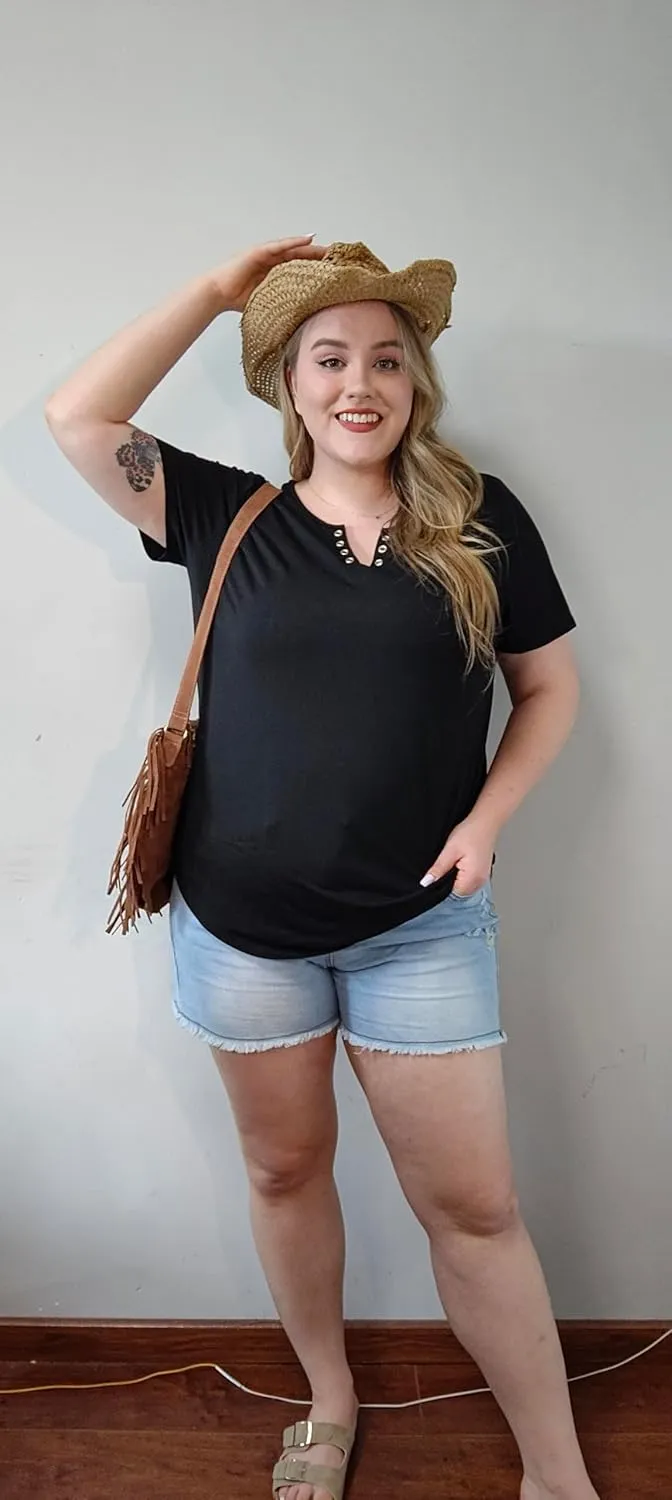 TIYOMI Plus Size T Shirt for Women Buttons Tops Short Sleeve Summer Sexy V-Neckline Shirts Solid/Tie Dye XL-5XL