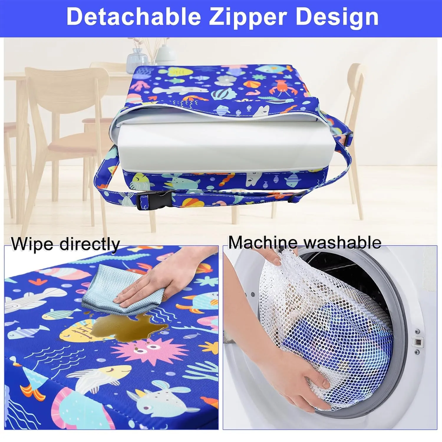 Toddler Booster Seat for Dining Table, Washable Thick Strong Support Portable Booster Chair for Toddlers Eating, Easy Cleaning Booster Seat Cushion Detachable with Fix Straps (Blue-Ocean)