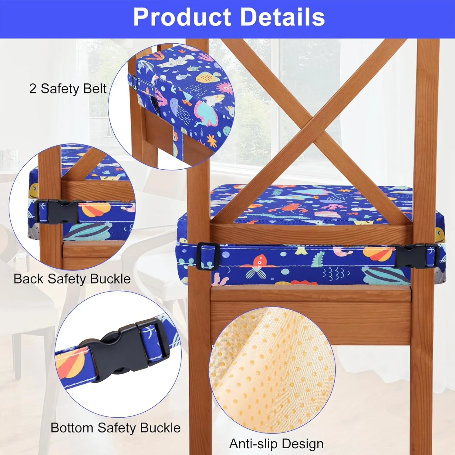 Toddler Booster Seat for Dining Table, Washable Thick Strong Support Portable Booster Chair for Toddlers Eating, Easy Cleaning Booster Seat Cushion Detachable with Fix Straps (Blue-Ocean)