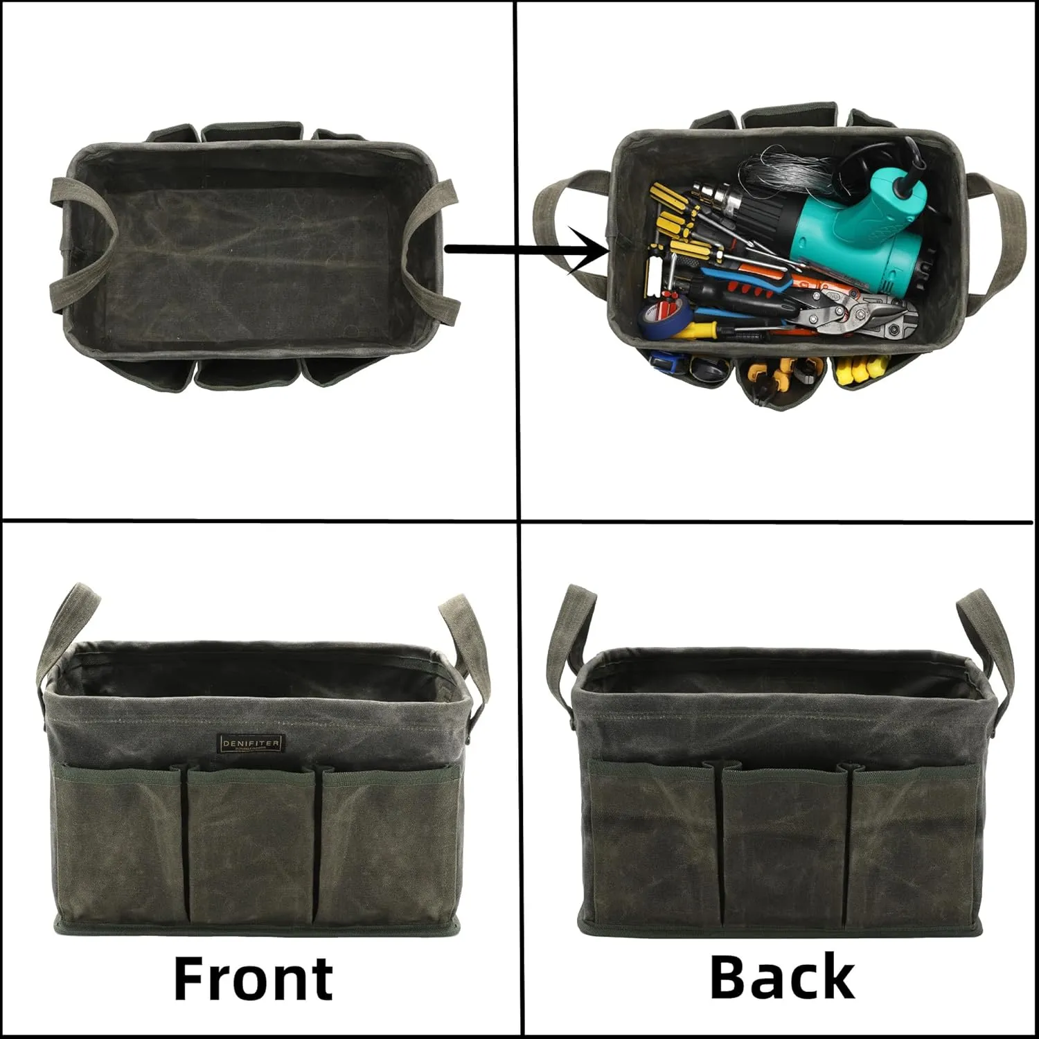 Tool Bag for Organizing, Waxed Canvas Wide Open Top Tool Tote Bag with 6 External Pockets, 13.8 x 7.8 x 7.8 Inches (ArmyGreen)