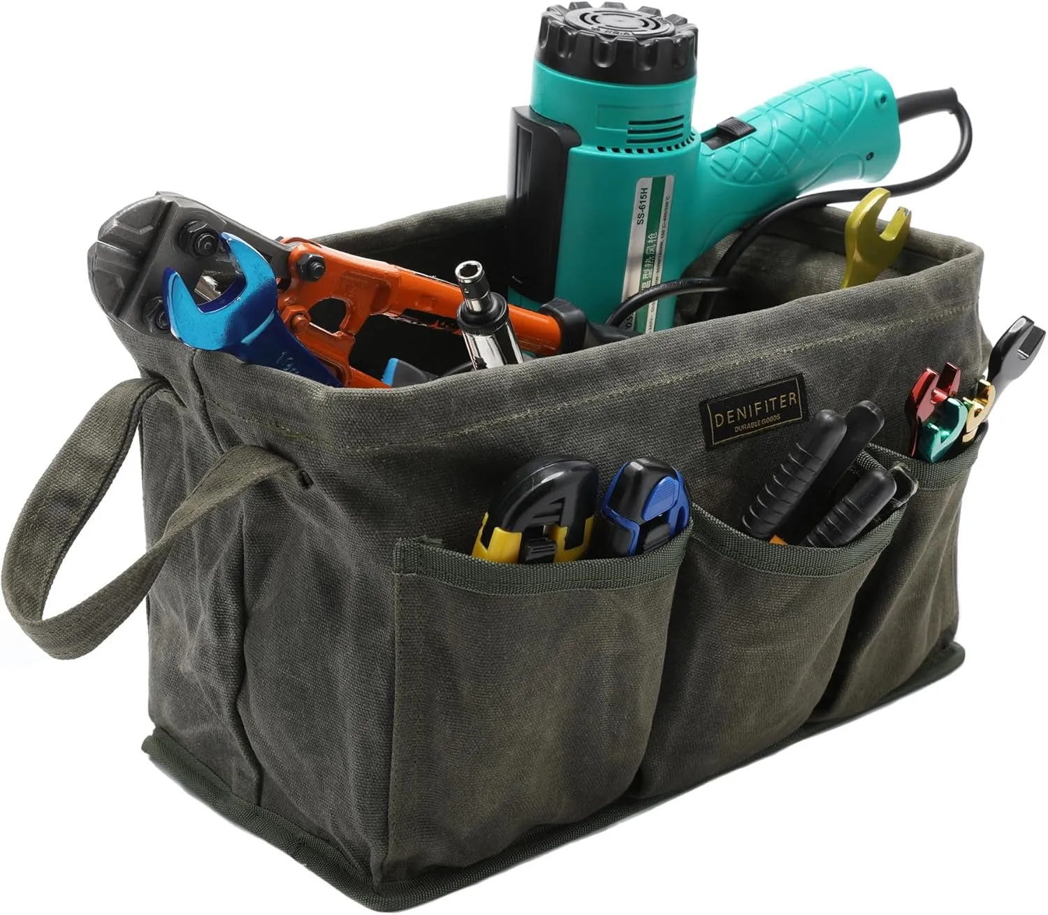Tool Bag for Organizing, Waxed Canvas Wide Open Top Tool Tote Bag with 6 External Pockets, 13.8 x 7.8 x 7.8 Inches (ArmyGreen)