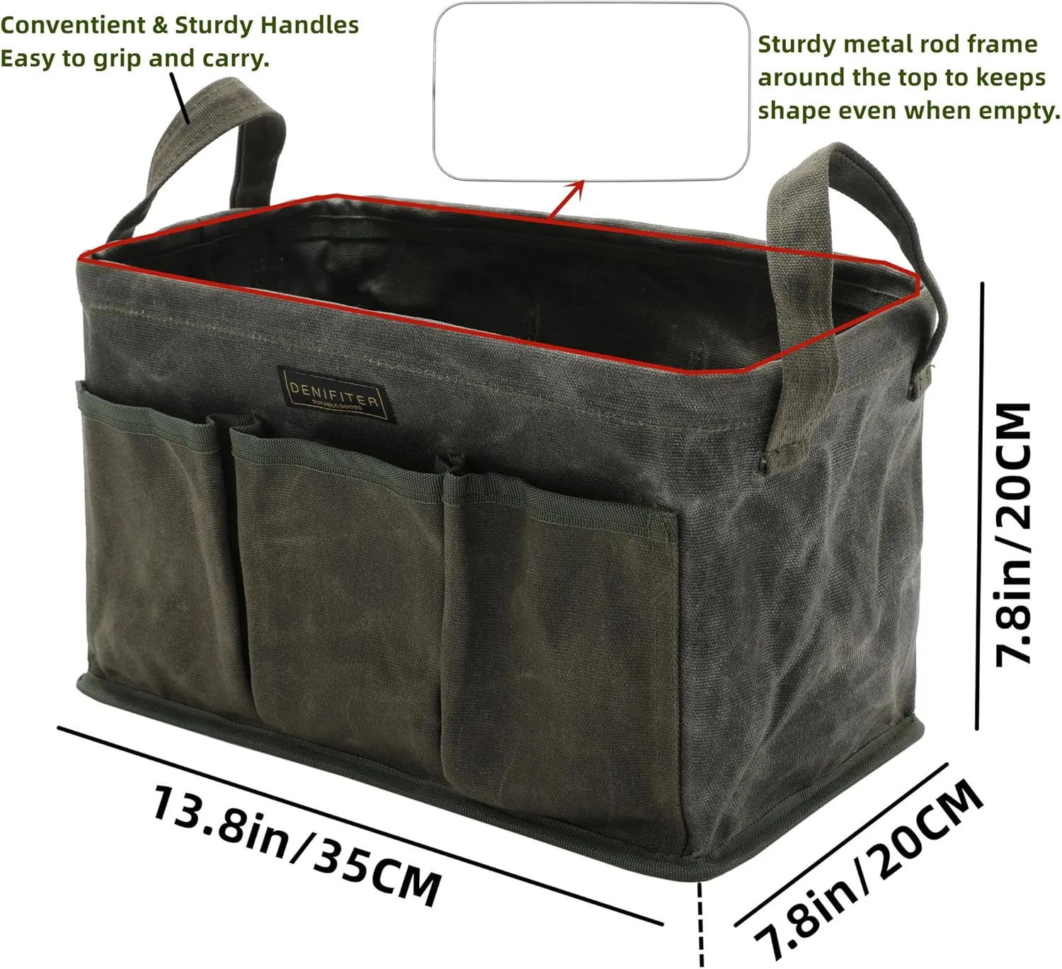 Tool Bag for Organizing, Waxed Canvas Wide Open Top Tool Tote Bag with 6 External Pockets, 13.8 x 7.8 x 7.8 Inches (ArmyGreen)