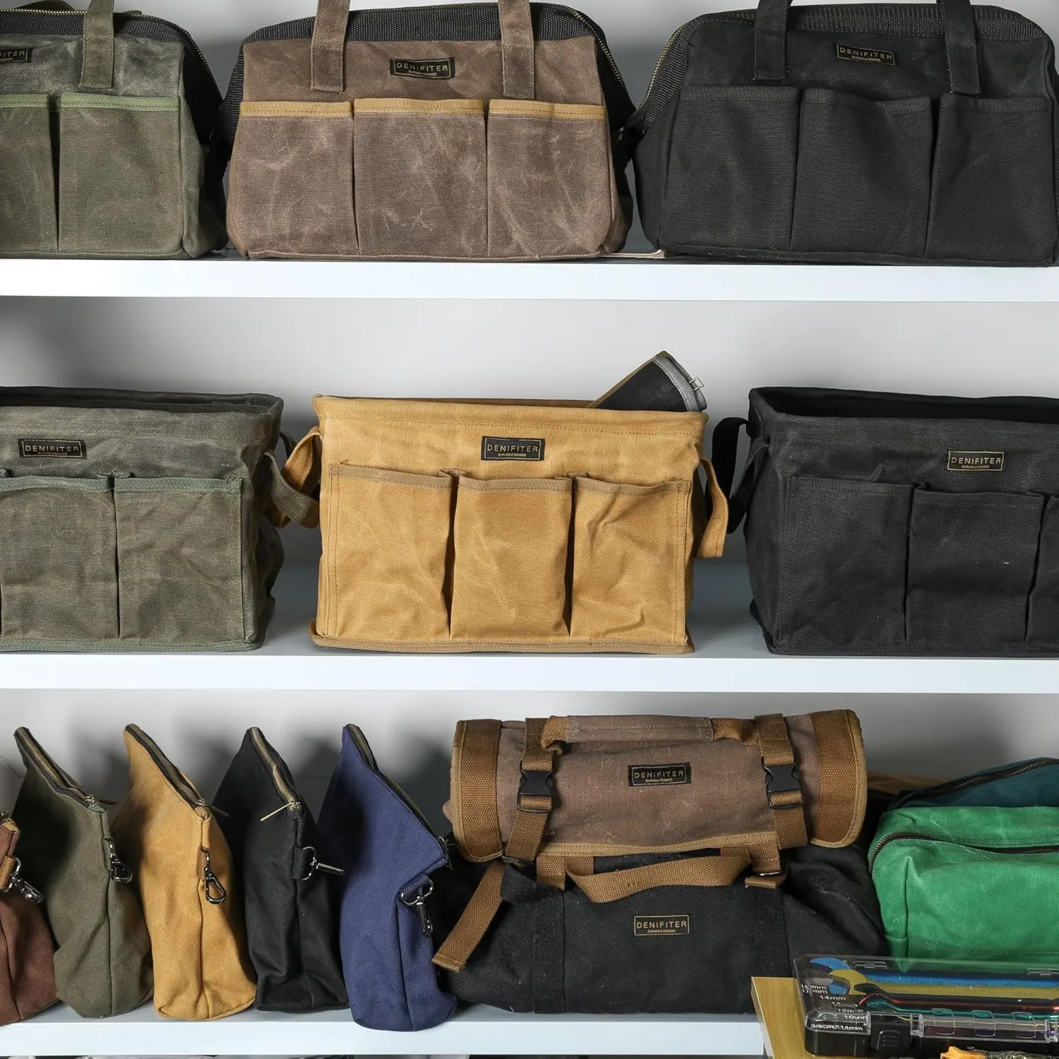 Tool Bag for Organizing, Waxed Canvas Wide Open Top Tool Tote Bag with 6 External Pockets, 13.8 x 7.8 x 7.8 Inches (ArmyGreen)