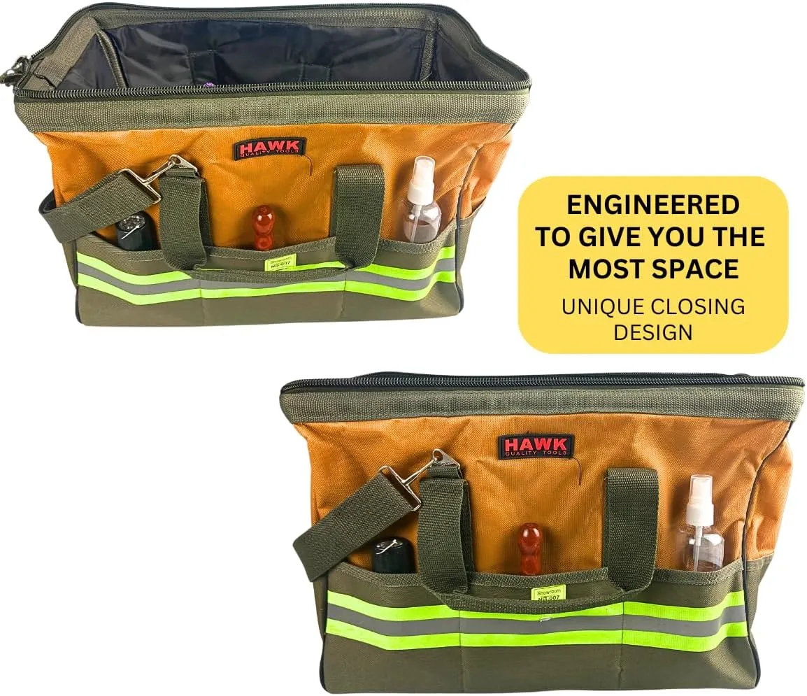 Tool Bag | Heavy-Duty Zipper & Durable Canvas Material | Reflective Safety Pockets | Adjustable Shoulder Strap with Comfort Panel
