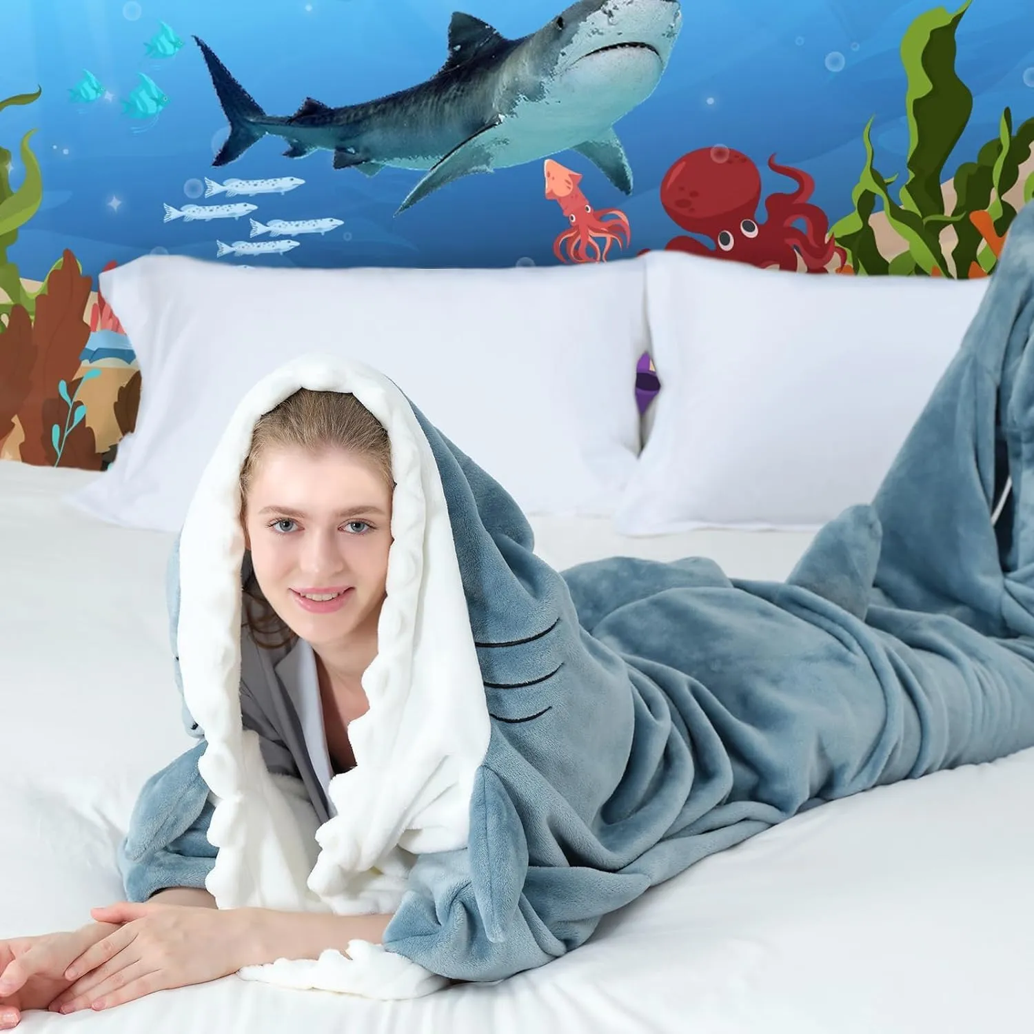 Touchat Shark Blanket for Adult Super Soft Cozy Flannel Throw Wearable Blanket, Cartoon Animals Blanket Hoodie, Sleeping Bag Cosplay Costume Blanket Gifts for Shark Lovers