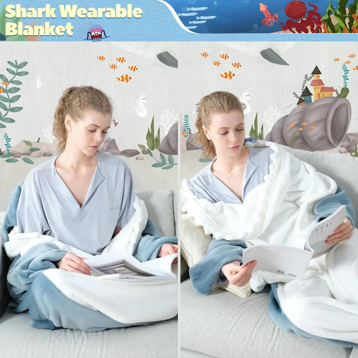 Touchat Shark Blanket for Adult Super Soft Cozy Flannel Throw Wearable Blanket, Cartoon Animals Blanket Hoodie, Sleeping Bag Cosplay Costume Blanket Gifts for Shark Lovers
