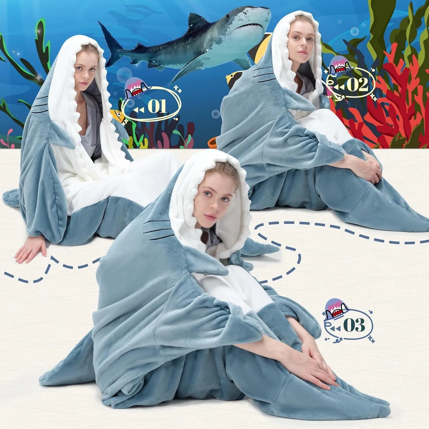Touchat Shark Blanket for Adult Super Soft Cozy Flannel Throw Wearable Blanket, Cartoon Animals Blanket Hoodie, Sleeping Bag Cosplay Costume Blanket Gifts for Shark Lovers