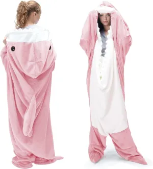 Touchat Shark Blanket for Adult Super Soft Cozy Flannel Throw Wearable Blanket, Cartoon Animals Blanket Hoodie, Sleeping Bag Cosplay Shark Costume Blanket Gifts for Sharks Lovers(Pink,L)