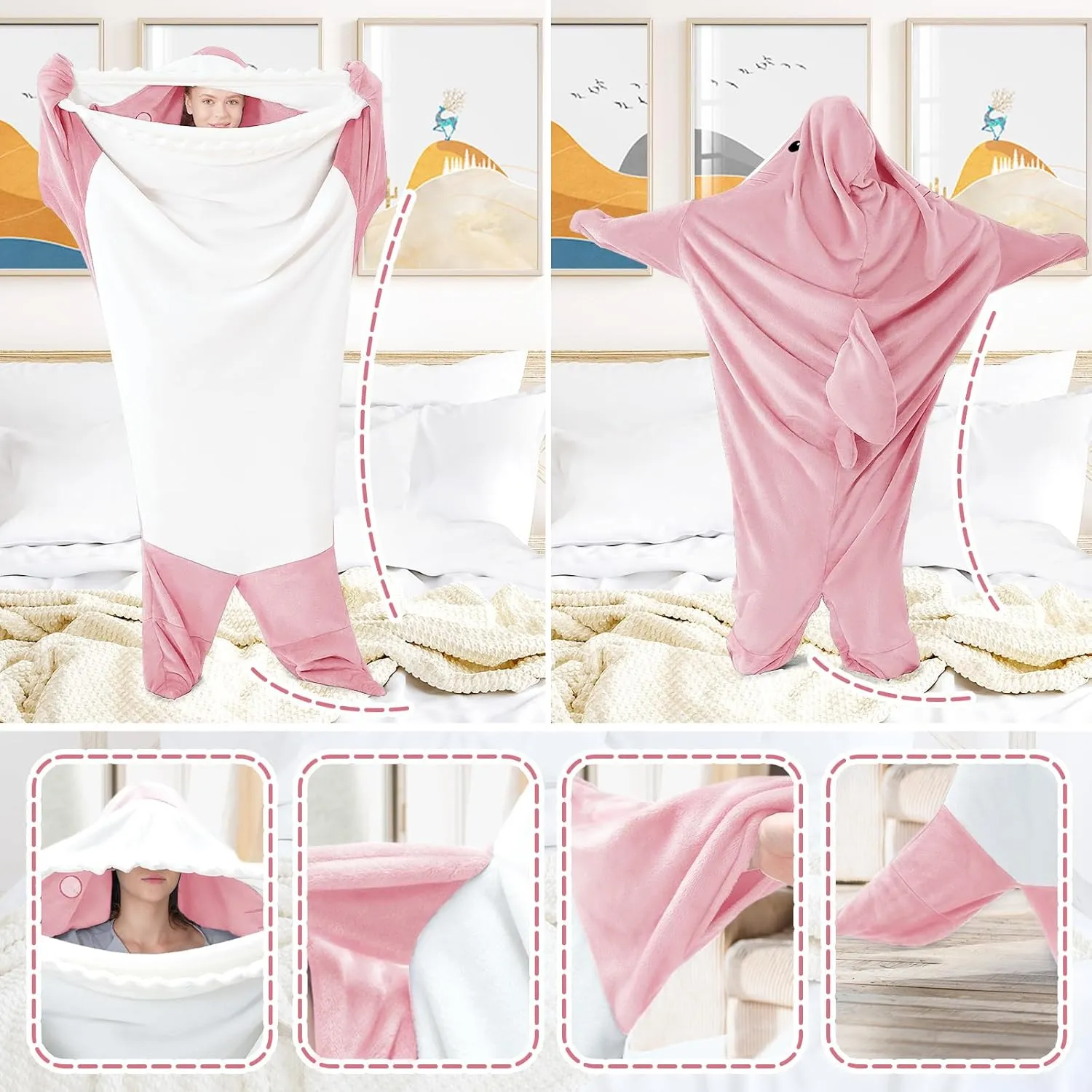 Touchat Shark Blanket for Adult Super Soft Cozy Flannel Throw Wearable Blanket, Cartoon Animals Blanket Hoodie, Sleeping Bag Cosplay Shark Costume Blanket Gifts for Sharks Lovers(Pink,L)