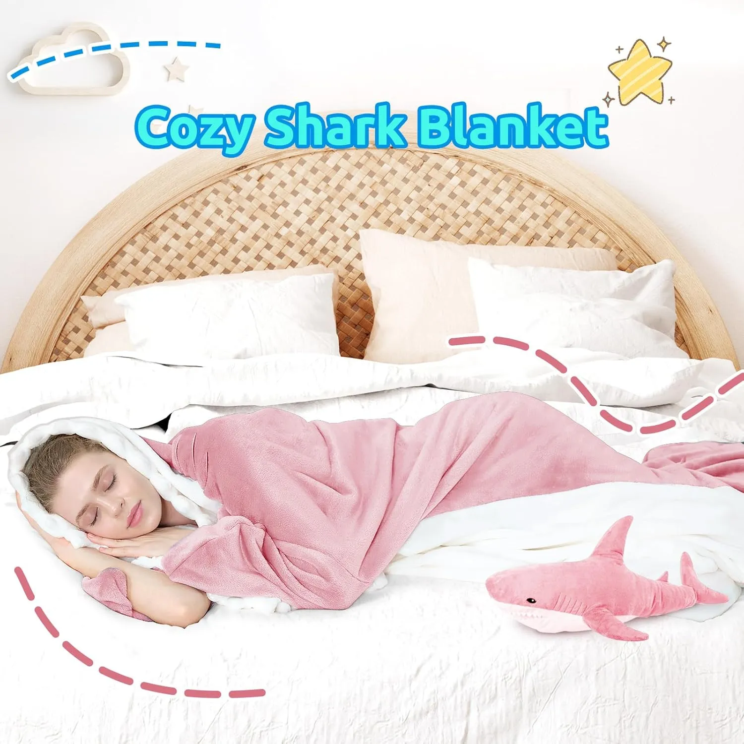 Touchat Shark Blanket for Adult Super Soft Cozy Flannel Throw Wearable Blanket, Cartoon Animals Blanket Hoodie, Sleeping Bag Cosplay Shark Costume Blanket Gifts for Sharks Lovers(Pink,L)