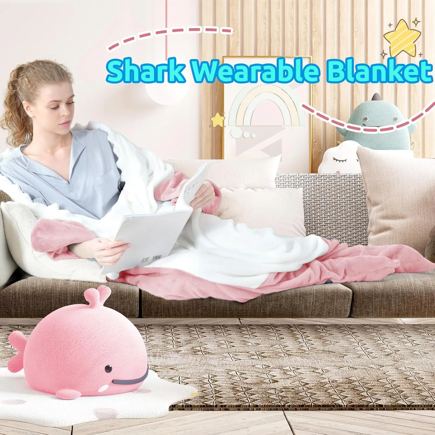 Touchat Shark Blanket for Adult Super Soft Cozy Flannel Throw Wearable Blanket, Cartoon Animals Blanket Hoodie, Sleeping Bag Cosplay Shark Costume Blanket Gifts for Sharks Lovers(Pink,L)