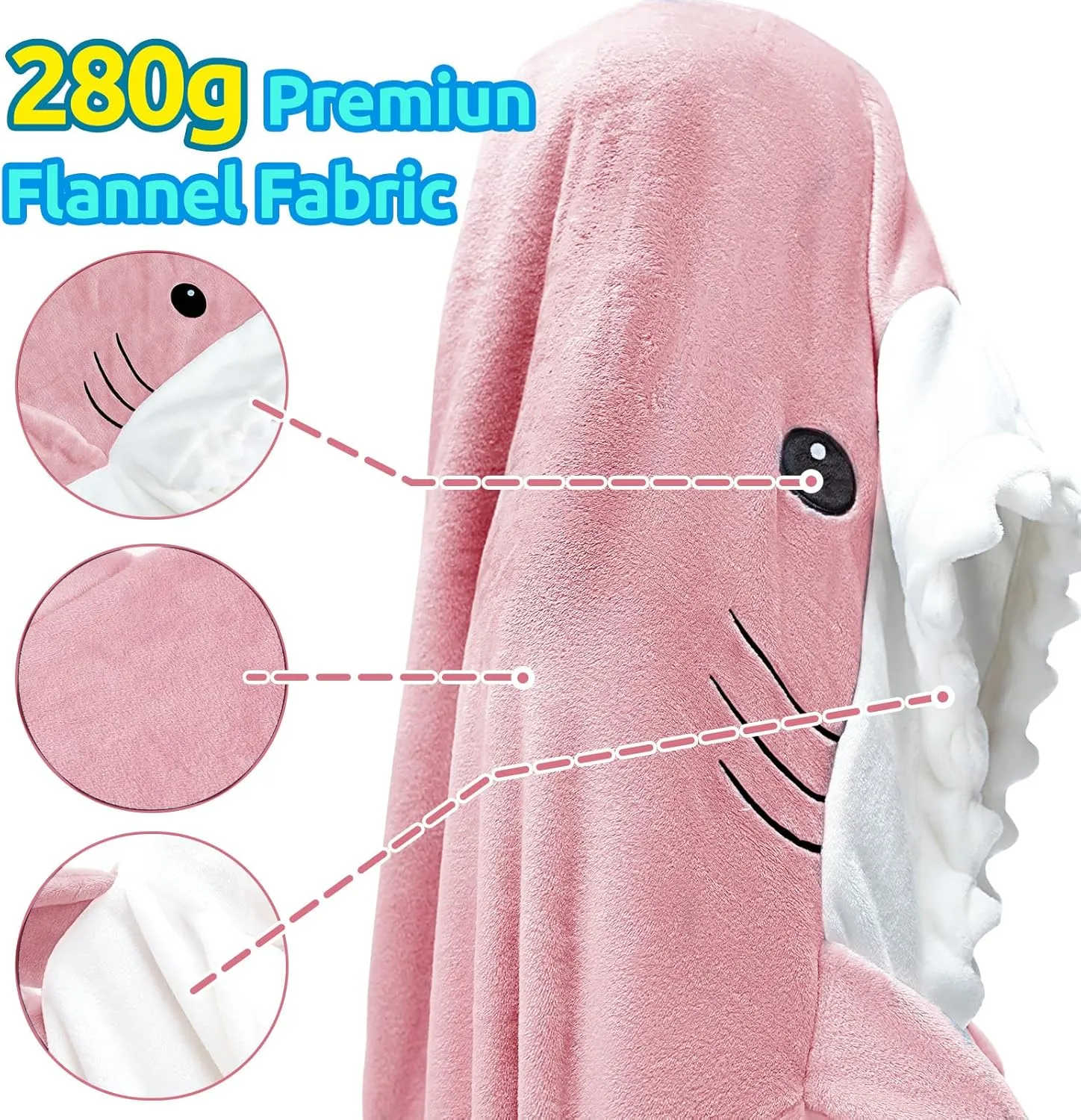 Touchat Shark Blanket for Adult Super Soft Cozy Flannel Throw Wearable Blanket, Cartoon Animals Blanket Hoodie, Sleeping Bag Cosplay Shark Costume Blanket Gifts for Sharks Lovers(Pink,L)
