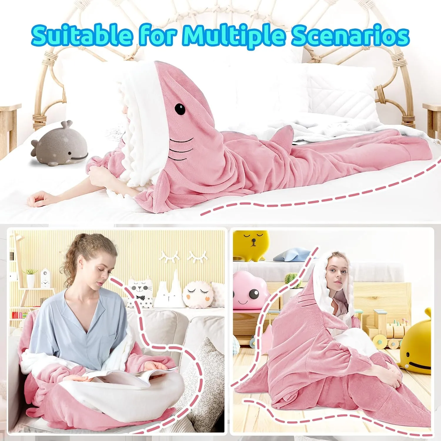 Touchat Shark Blanket for Adult Super Soft Cozy Flannel Throw Wearable Blanket, Cartoon Animals Blanket Hoodie, Sleeping Bag Cosplay Shark Costume Blanket Gifts for Sharks Lovers(Pink,L)