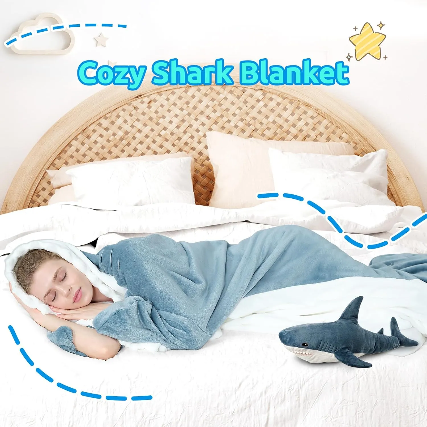 Touchat Shark Blanket Hoodie Onesie, Wearable Blanket Hoodie Adult, Warm Flannel Throw Blanket Shark Tail Sleeping Bag, Cartoon Costume Shark Onesie Funny Gifts for Adults (Blue, XL), X-Large