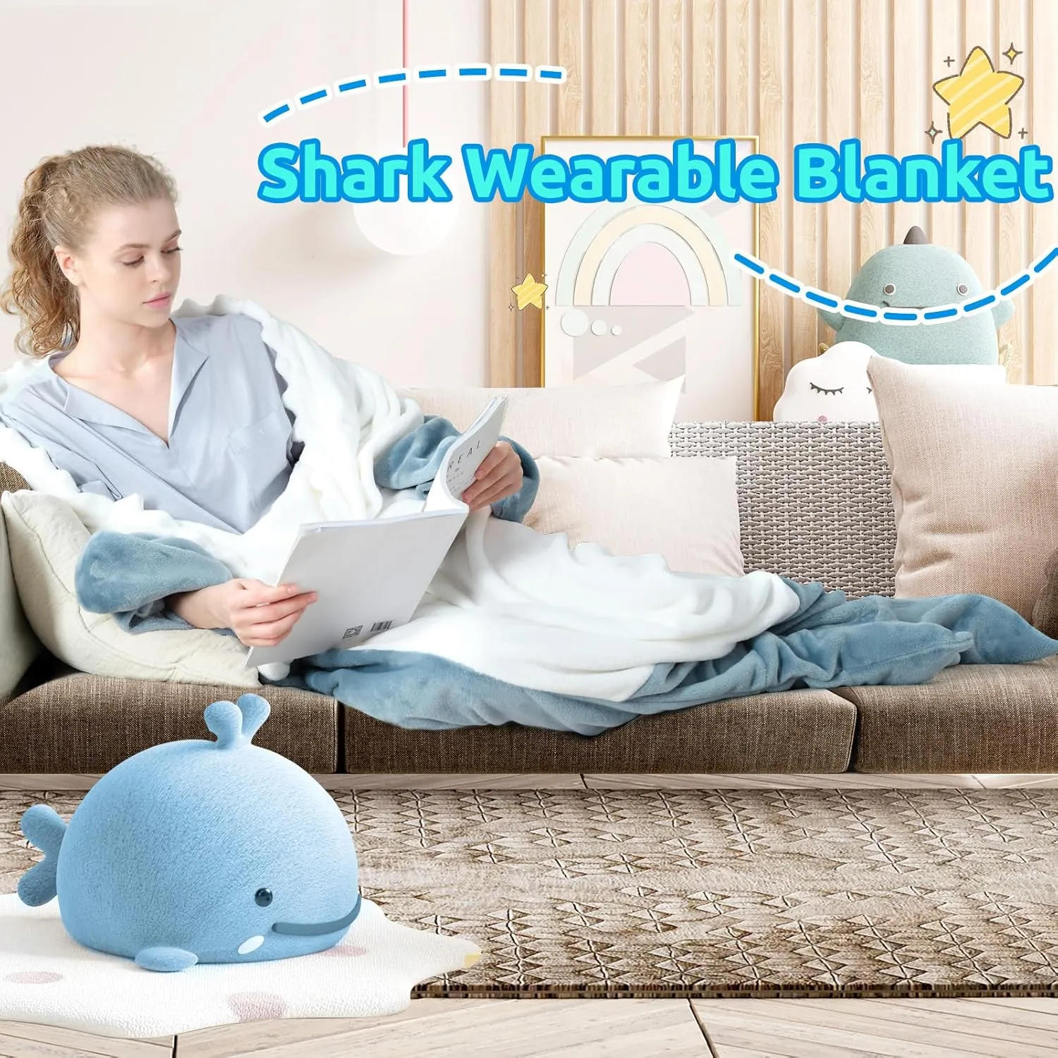 Touchat Shark Blanket Hoodie Onesie, Wearable Blanket Hoodie Adult, Warm Flannel Throw Blanket Shark Tail Sleeping Bag, Cartoon Costume Shark Onesie Funny Gifts for Adults (Blue, XL), X-Large