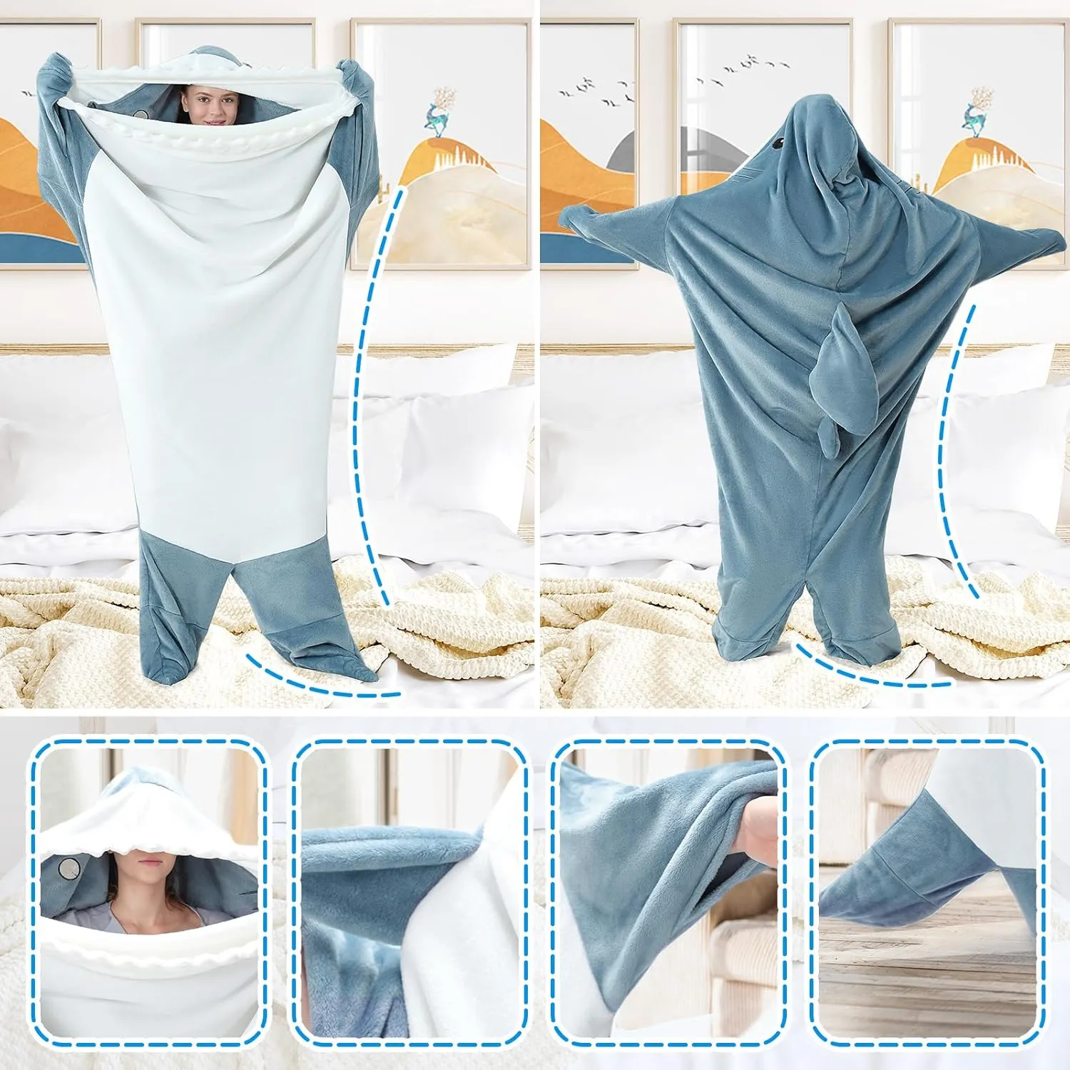 Touchat Shark Blanket Hoodie Onesie, Wearable Blanket Hoodie Adult, Warm Flannel Throw Blanket Shark Tail Sleeping Bag, Cartoon Costume Shark Onesie Funny Gifts for Adults (Blue, XL), X-Large