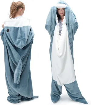 Touchat Shark Blanket Hoodie Onesie, Wearable Blanket Hoodie Adult, Warm Flannel Throw Blanket Shark Tail Sleeping Bag, Cartoon Costume Shark Onesie Funny Gifts for Adults (Blue, XL), X-Large