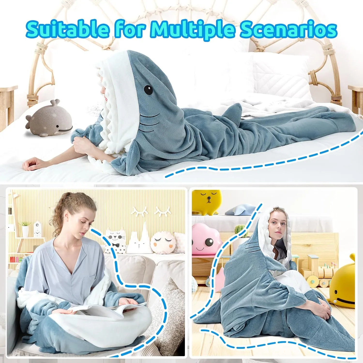 Touchat Shark Blanket Hoodie Onesie, Wearable Blanket Hoodie Adult, Warm Flannel Throw Blanket Shark Tail Sleeping Bag, Cartoon Costume Shark Onesie Funny Gifts for Adults (Blue, XL), X-Large