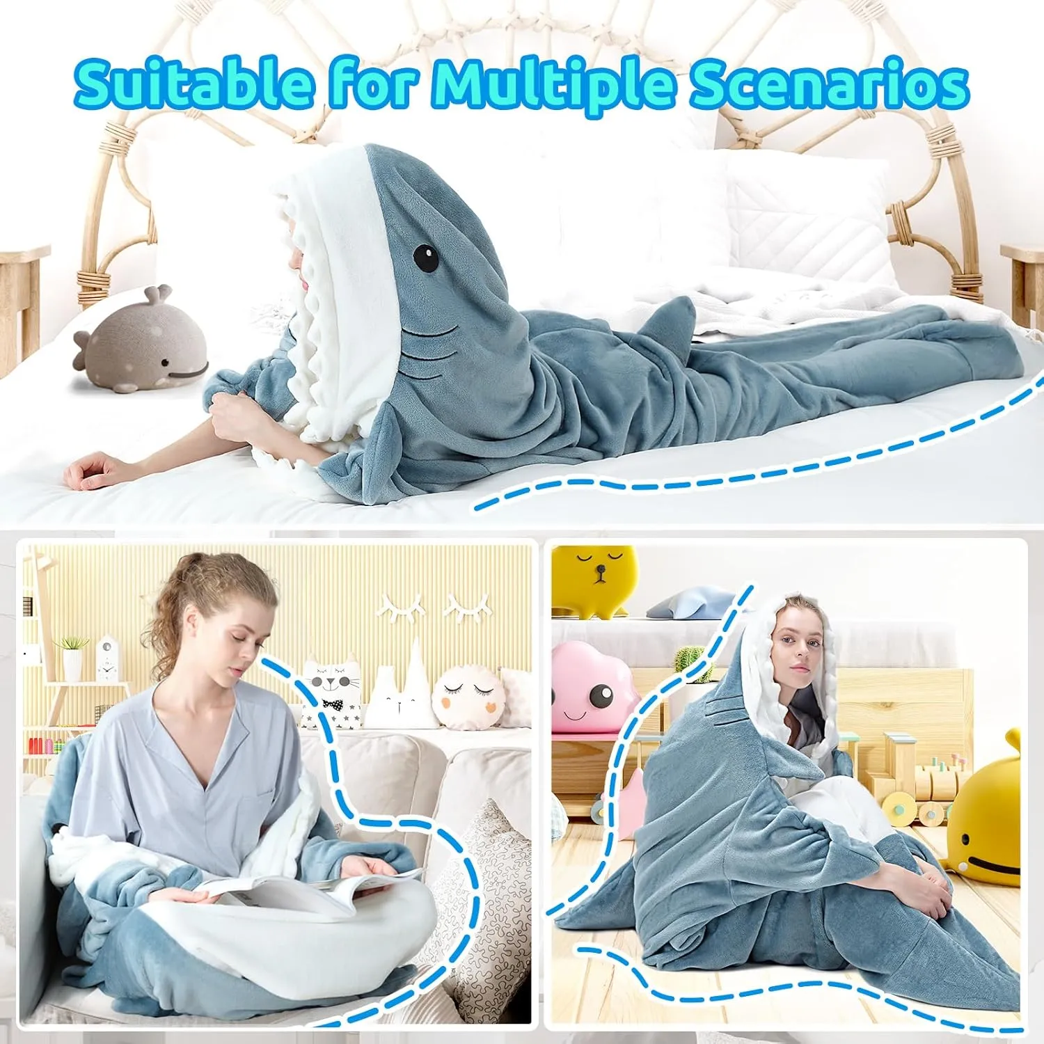 Touchat Super Soft Cozy Flannel Wearable Blanket Hoodie, Onesie, Sleeping Bag, Cosplay Shark Costume, Gifts for Shark Lovers (Blue,XXL)