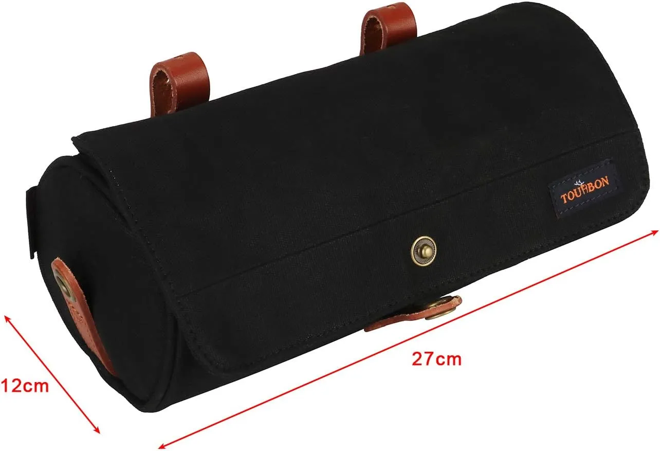 TOURBON Canvas Leather Bike Handlebar Bag with Shoulder Strap, 4.5L Bicycle Top Tube Pouch, Water-resistant Small Saddlebag storage bag for Cycling (Black)